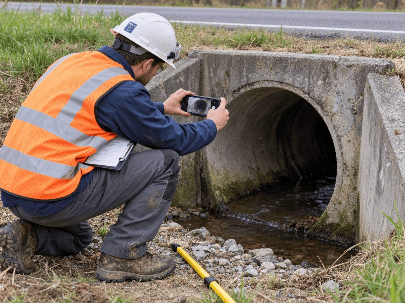 An inspector in a hi-vis vest and hard hat crouches beside a concrete culvert and photographs its circular barrel opening with a phone. Water runs out over the invert onto a gravel apron.
